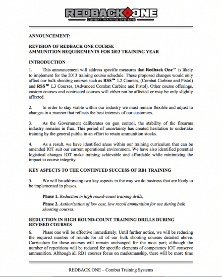 Revision of Redback One Course Ammunition Requirements for 2013