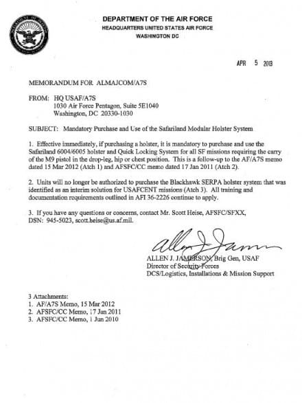 Mandatory Purchase and Use of the Safariland Modular Holster System Memo