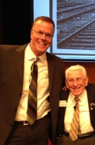 SERKET President Trey Harris chats with Easy Company veteran Al Mampre at a WWII Foundation Panel Discussion (April 2012).
