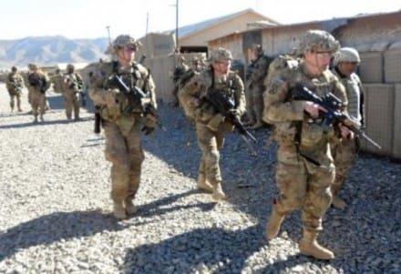 Soldiers from 3rd Battalion, 71st Calvary Regiment of 3rd Brigade Combat Team, 10th Mountain Division move to secure the helicopter landing zone on Forward Operating Base Orgun-E in Paktika province Dec. 26 after the completion of a security meeting with Afghan security forces. Forward Operating Base Orgun-E was transferred to Afghan security forces within the last six months. (Photo by U.S. Army Capt. John Landry, 3rd Brigade Combat Team, 10th Mountain Division Public Affairs)