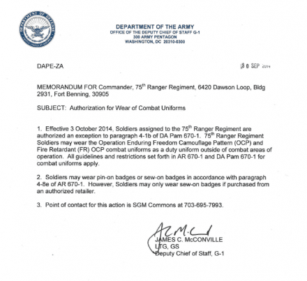 Authorization for wear of combat uniforms