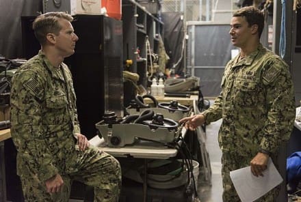 VIRGINIA BEACH, Va. (Aug. 25, 2017) Lt. Cmdr. Jason Shell, left, executive officer of Explosive Ordnance Disposal Mobile Unit (EODMU) 2, discusses operational procedures with Lt. j.g. Mike Peribonio as part of the Navywide operational pause at EODMU 2 headquarters on Joint Expeditionary Base Little Creek. EODMU 2 provides credible, combat-ready EOD forces capable of deploying anywhere, anytime in support of national interests. (U.S. Navy photo by Mass Communication Specialist 2nd Class Charles Oki/Released)