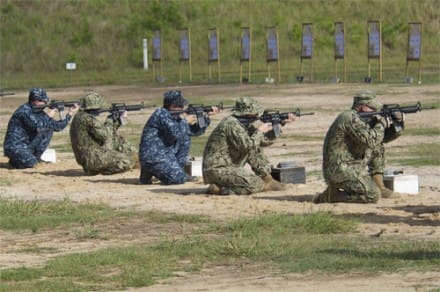 GULFPORT, Miss. (Aug. 13, 2013) Students fire M-4 carbines during a live-fire training exercise at the Center for Security Forces Learning Site. The course is designed to provide personnel with basic expeditionary combat skills training necessary to professionally and safely perform high-risk security operations when assigned to Navy Expeditionary Combat Commands. (U.S. Navy photo by Mass Communication Specialist 3rd Class Paul Coover/Released)