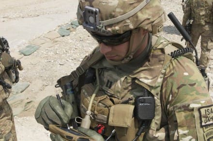 U.S. Army Capt. Jonathan Page uses the end user device of the Capability Set-13 at Nangalam Base, Sept. 13. The Dallas, Texas, native, serves as commander for Troop C, 3rd Squadron, 89th Cavalry Regiment. 3rd Squadron is part of 4th Brigade, 10th Mountain Division, based out of Fort Polk, La. (U.S. Army Photo by Sgt. 1st Class E. L. Craig, Task Force Patriot PAO)