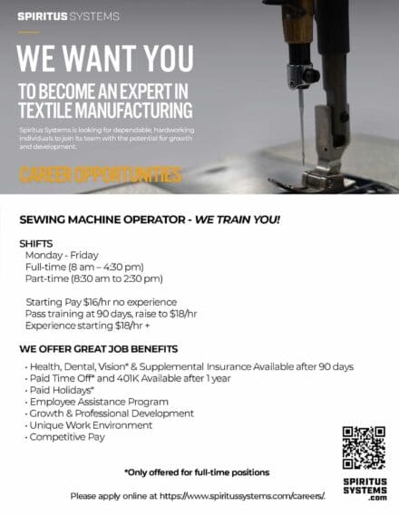 TacJobs – Spiritus Systems Seeks Sewing Machine Operators