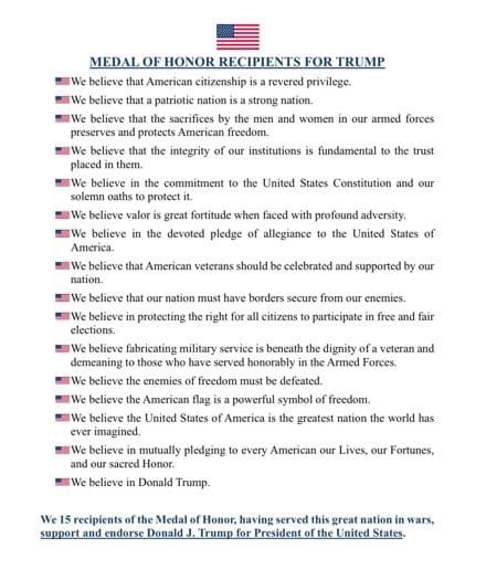 15 Medal of Honor Recipients Endorse Trump for President