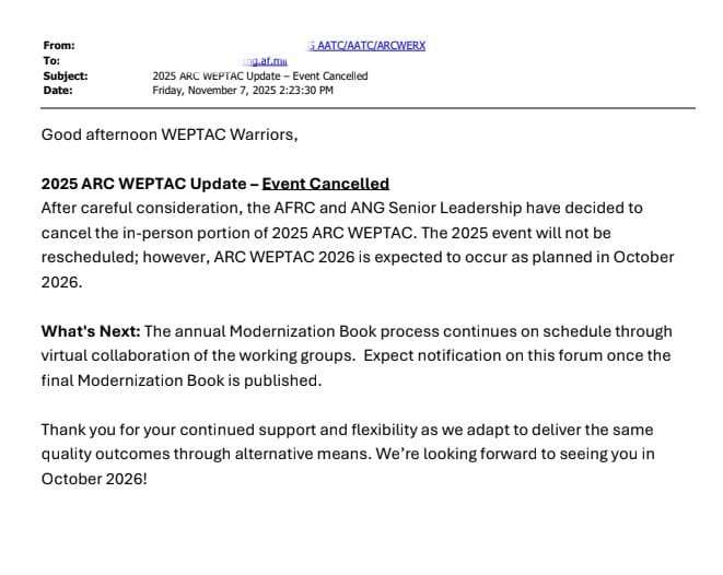 2025 AFRC WEPTAC & MAG Exchange Cancelled