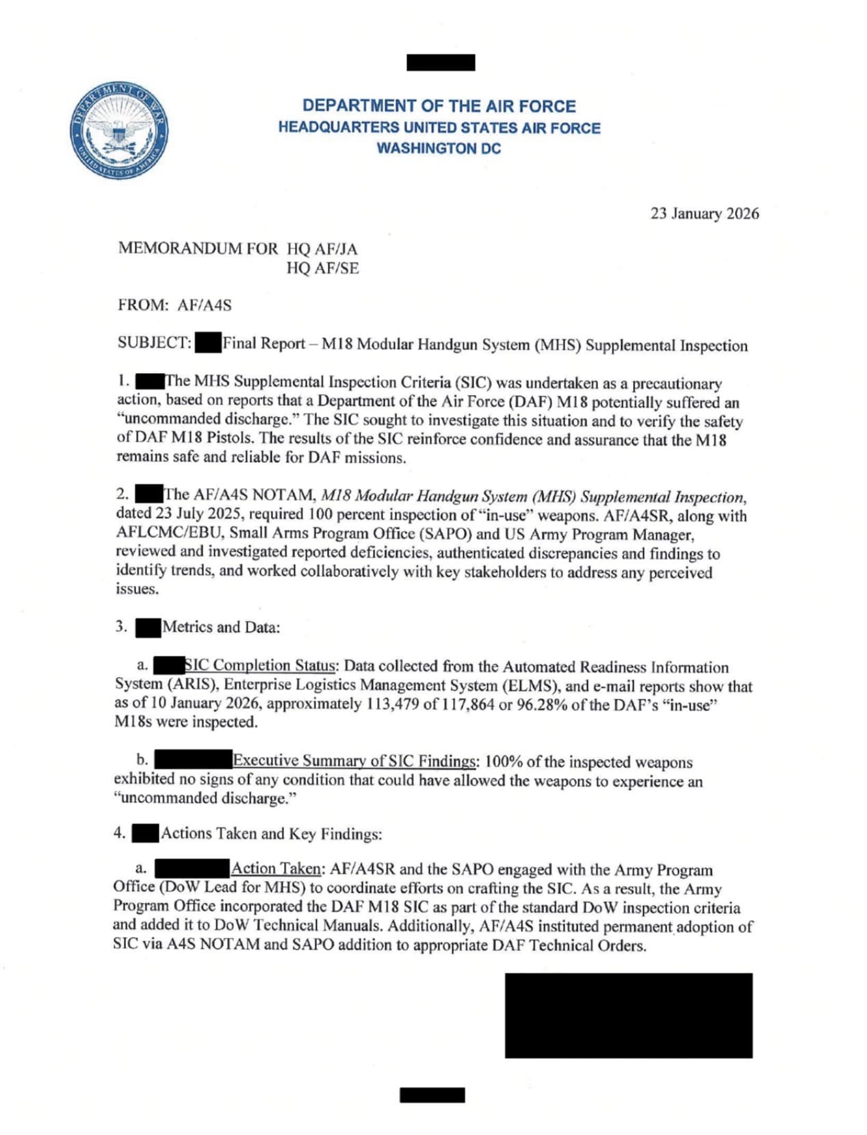 US Air Force Supplemental Inspection of M18 Modular Handguns Found Zero Evidence of Conditions Which Would Allow “Uncommanded Discharge” US Air Force Supplemental Inspection of M18 Modular Handguns Found Zero Evidence of Conditions Which Would Allow “Uncommanded Discharge”